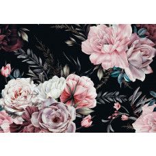 Fotobehang met schilderachtige bloemen op een zwarte achtergrond.