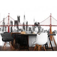 Fotobehang met een schilderachtige brug en skyline in zachte tinten. Dit fotobehang creëert een serene ambiance in een kantoor.