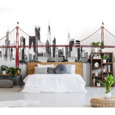 Fotobehang met een brug en een skyline in een schilderachtige stijl. Perfect voor een rustige en eigentijdse sfeer in een slaapkamer.