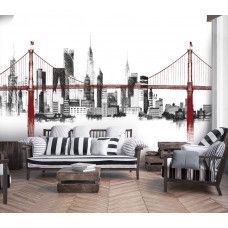 Fotobehang met een elegante brug en een adembenemende skyline. Dit fotobehang geeft een unieke en moderne uitstraling aan een woonkamer.