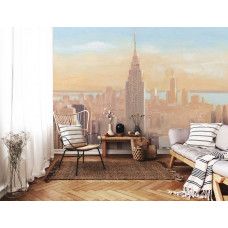 Fotobehang met de Empire State Building in New York in zachte pastel- en roze tinten. Dit fotobehang voegt een verfijnde uitstraling toe aan een huiskamer.