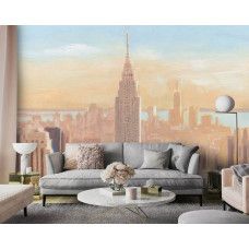 Fotobehang met de Empire State Building in roze en pastelkleuren. Een indrukwekkende keuze voor een moderne woonkamer.