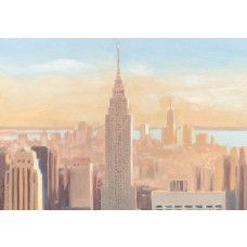 Fotobehang met een schilderachtige weergave van de Empire State Building in New York in roze en pastelkleuren.