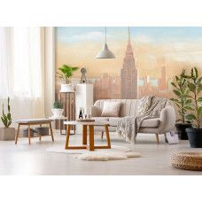Fotobehang met een zachte weergave van de Empire State Building in New York in pastel- en roze tinten. Dit fotobehang brengt rust en elegantie in een woonkamer.
