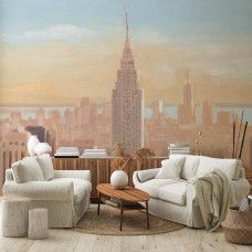 Fotobehang met een schilderachtige Empire State Building in New York in roze pastelkleuren. Dit fotobehang geeft een unieke en romantische uitstraling aan een woonkamer.