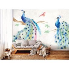 Fotobehang met sierlijke pauwen in een schilderachtige stijl. Dit fotobehang brengt een luxueuze uitstraling in een woonkamer.