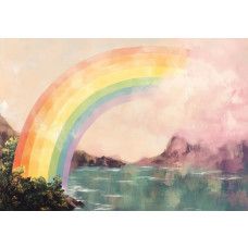 Fotobehang met schilderachtige regenboog over bergen en water.