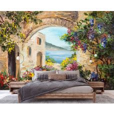 Een fotobehang van een schilderij van romantisch Italiė met een serene sfeer in een slaapkamer.