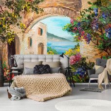 Een fotobehang van een schilderij van romantisch Italiė in vliesbehangstijl voor een slaapkamer.