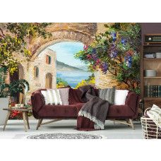 Een fotobehang van een schilderij van romantisch Italiė in vliesbehangstijl voor een woonkamer.
