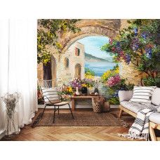 Een fotobehang van een schilderij van romantisch Italiė met een betoverend landschap in een woonkamer.