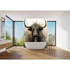 Fotobehang Schotse Hooglander in Industriële Stijl in de badkamer met krachtige vorm en zachte grijstinten.