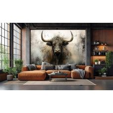 Fotobehang Schotse Hooglander in Industriële Stijl in de woonkamer met krachtig dierenportret en stoere uitstraling.