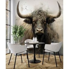 Fotobehang Schotse Hooglander in Industriële Stijl in de keuken met robuust karakter en neutrale kleuren.