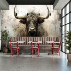 Fotobehang Schotse Hooglander in Industriële Stijl in het restaurant met opvallend dierenportret en stoere look.