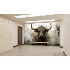 Fotobehang Schotse Hooglander in Industriële Stijl in de sportschool met indrukwekkend dierenportret en rauwe uitstraling.