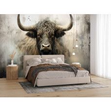 Fotobehang Schotse Hooglander in Industriële Stijl in de slaapkamer met rustige aardetinten en stoer accent.