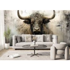 Fotobehang Schotse Hooglander in Industriële Stijl in de woonkamer met imposante hoorns en intense blik.