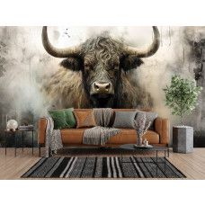 Fotobehang Schotse Hooglander in Industriële Stijl in de woonkamer met ruwe texturen en neutrale grijstinten.