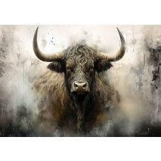 Fotobehang Schotse Hooglander in Industriële Stijl als productfoto met ruige vacht, lange hoorns en rauwe achtergrond.