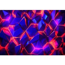Fotobehang met een geometrisch kristalpatroon in neonkleuren zoals paars, blauw en rood met futuristische lichtlijnen.