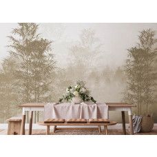 Een warm fotobehang van een sepia bos in de keuken, voegt een gezellige en uitnodigende sfeer toe aan de ruimte.