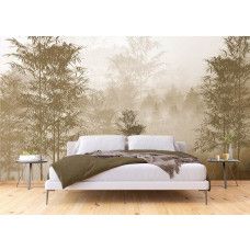 Fotobehang van een sepia bos in een slaapkamer, zorgt voor een rustige en harmonieuze sfeer met een vleugje nostalgie.