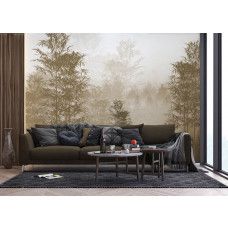 Een sfeervol fotobehang van een sepia bos in een moderne woonkamer, combineert natuur met een tijdloze en warme uitstraling.