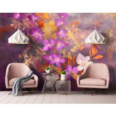 Fotobehang in een woonkamer met sfeervolle bloemenexplosie in paars, oranje en wit op een donkere achtergrond.