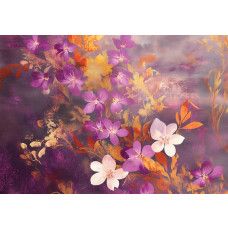 Fotobehang met sfeervolle bloemenexplosie in paars, oranje en wit op een donkere achtergrond.