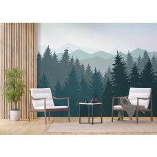 Een fotobehang van het silhouet van dennenbomen en bergen in een bedrijfsruimte met Airtex.