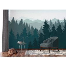 Een fotobehang van het silhouet van dennenbomen en bergen in een woonkamer met vliesbehang en Airtex.