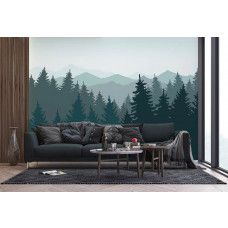 Een fotobehang van het silhouet van dennenbomen en bergen in een woonkamer met vliesbehang.