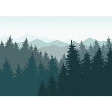 Een fotobehang van het silhouet van dennenbomen en bergen.