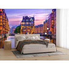 Fotobehang Speicherstadt Hamburg bij Avondlicht in de slaapkamer met romantische avondsfeer en historische pakhuizen.