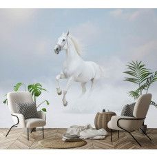 Fotobehang sprookjesachtig wit paard in meisjeskamer met galopperend paard in sprookjesstijl.