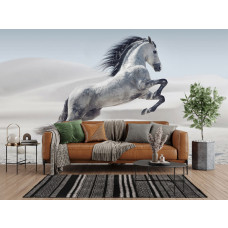 Fotobehang Steigerend Paard in de Woestijn toegepast in een moderne woonkamer met lichte zandtinten.