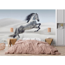 Fotobehang Steigerend Paard in de Woestijn achter het bed in een rustige slaapkamer.