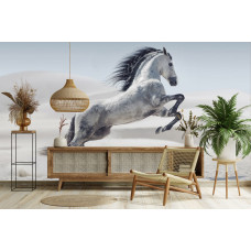 Steigerend paard fotobehang in de woonkamer met minimalistische inrichting.