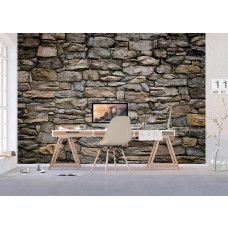 Een fotobehang van een stenen muur met een steenstrip, ideaal voor een industriėle sfeer in een kantoor.