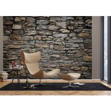 Een fotobehang van een stenen muur met een steenstrip, die een industriėle en stoere uitstraling biedt in een woonkamer.