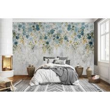 Een fotobehang van stijlvolle hangplanten tegen stoer beton met bloemen in een slaapkamer.