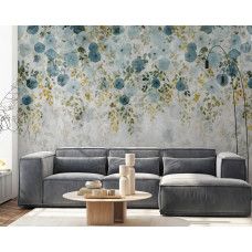 Een fotobehang van stijlvolle hangplanten tegen stoer beton met bloemen in een woonkamer met vliesbehang.