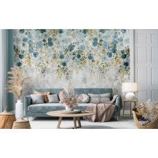 Een fotobehang van stijlvolle hangplanten tegen stoer beton met bloemen in een woonkamer.