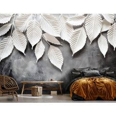 Fotobehang met artistieke witte bladeren in een stijlvolle slaapkamer.