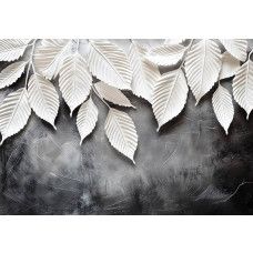 Fotobehang met stijlvolle witte bladeren op een donkere achtergrond.