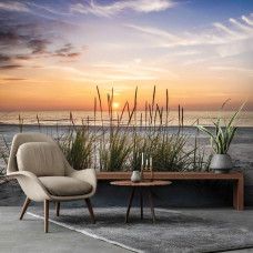Fotobehang strand met helmgras in een bedrijfsruimte met zicht op ondergaande zon.