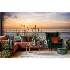 Fotobehang strand met helmgras in de woonkamer toont een serene kust bij zonsondergang.