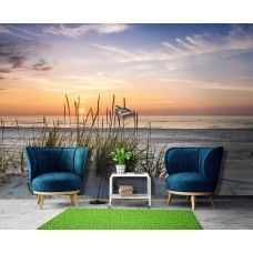 Fotobehang strand met helmgras in de woonkamer bij avondlicht en zachte lucht.