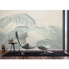 Een fotobehang met subtiele palmbladeren in een moderne woonkamer, waarbij de lichte bladstructuren en natuurlijke tinten een frisse en ruimtelijke uitstraling geven.